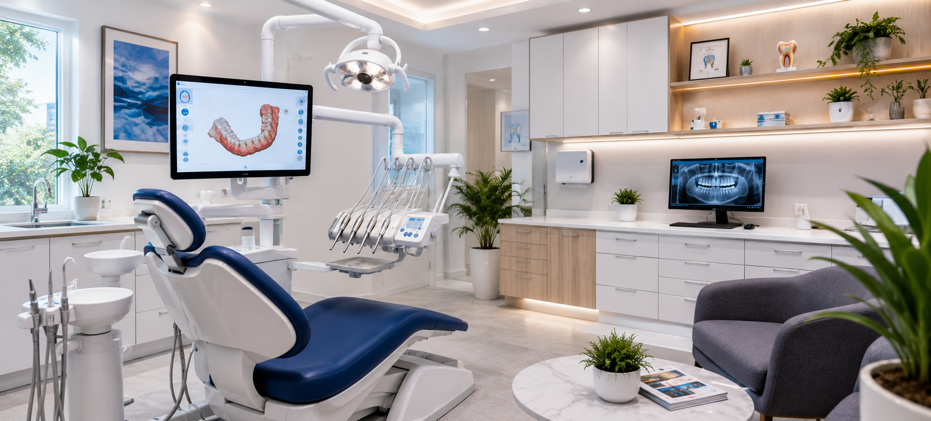 Modern dental clinic with clean treatment area, advanced equipment